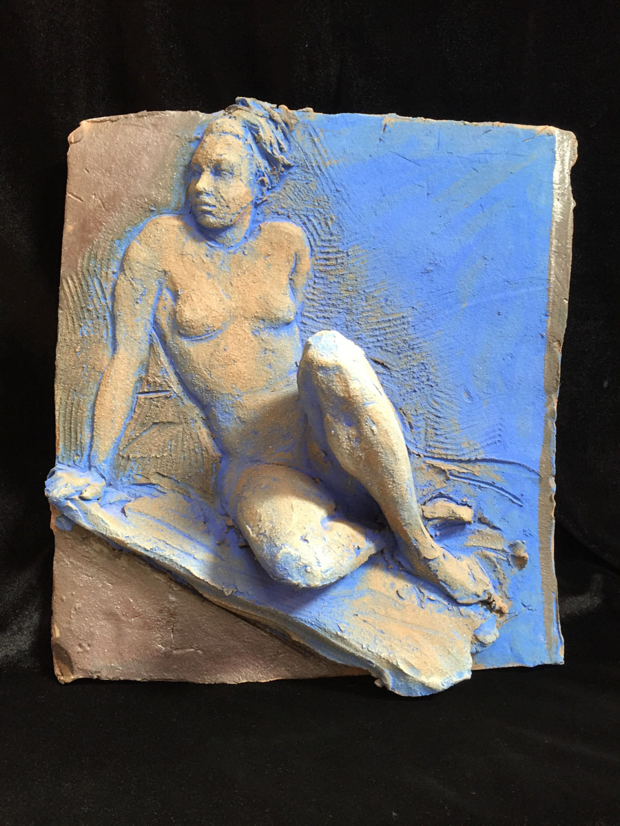 Figure Study in Relief Ceramic with Blue Underglaze